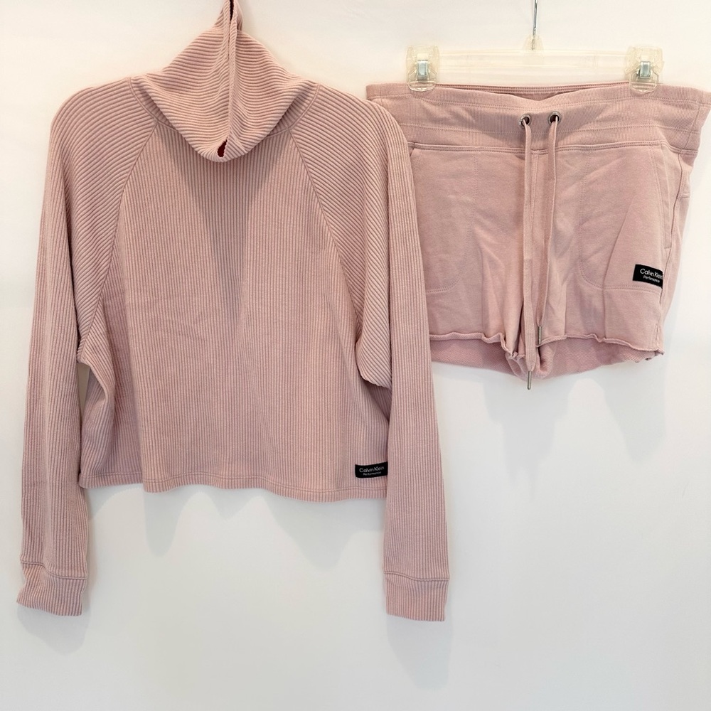 Calvin Klein Performance Women’s Pink Ribbed Turtleneck Sweater and Short Set